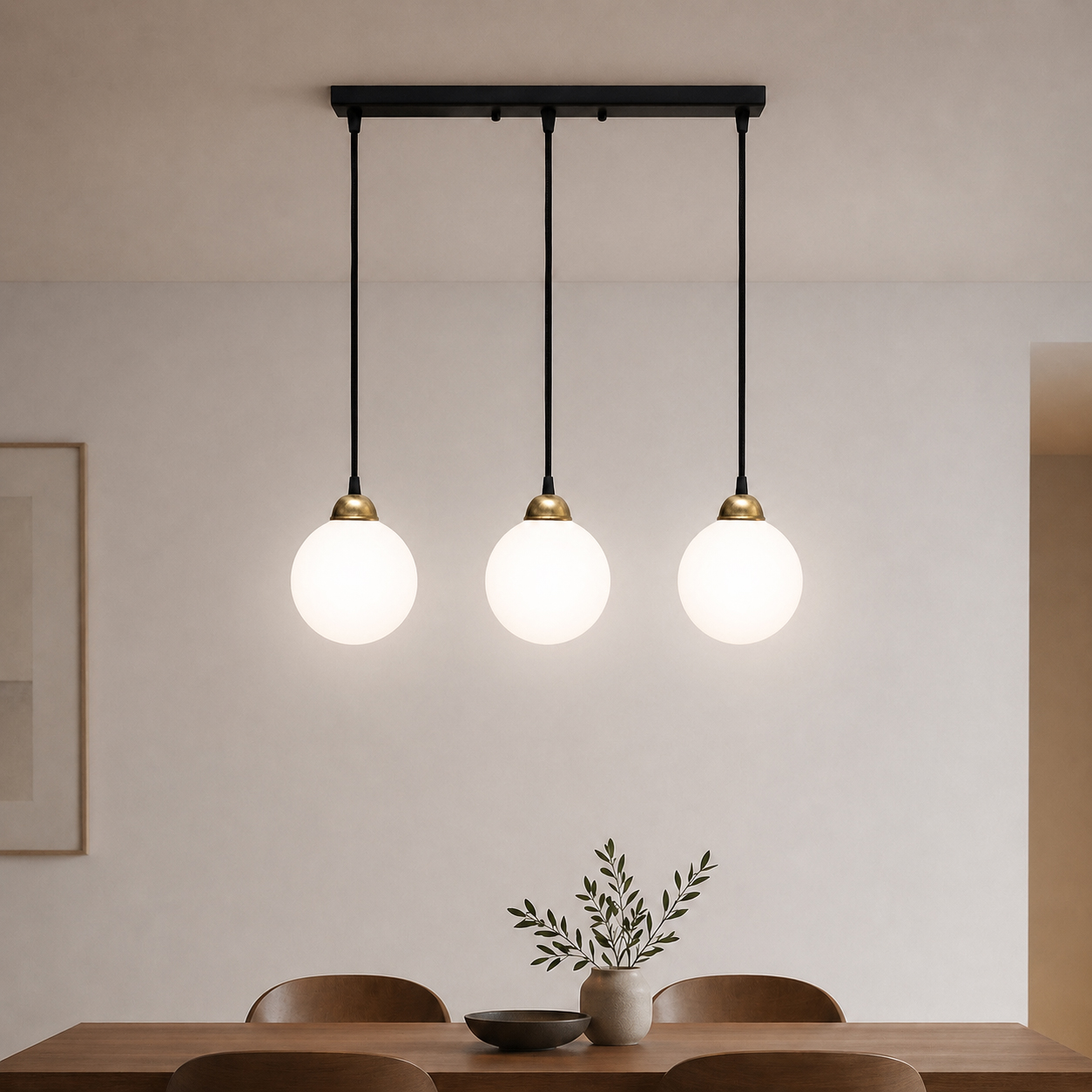 Светильник подвесной MSK Electric Luna с плафонами шарами на планке под три лампы Е27 PL 2026-3 BK