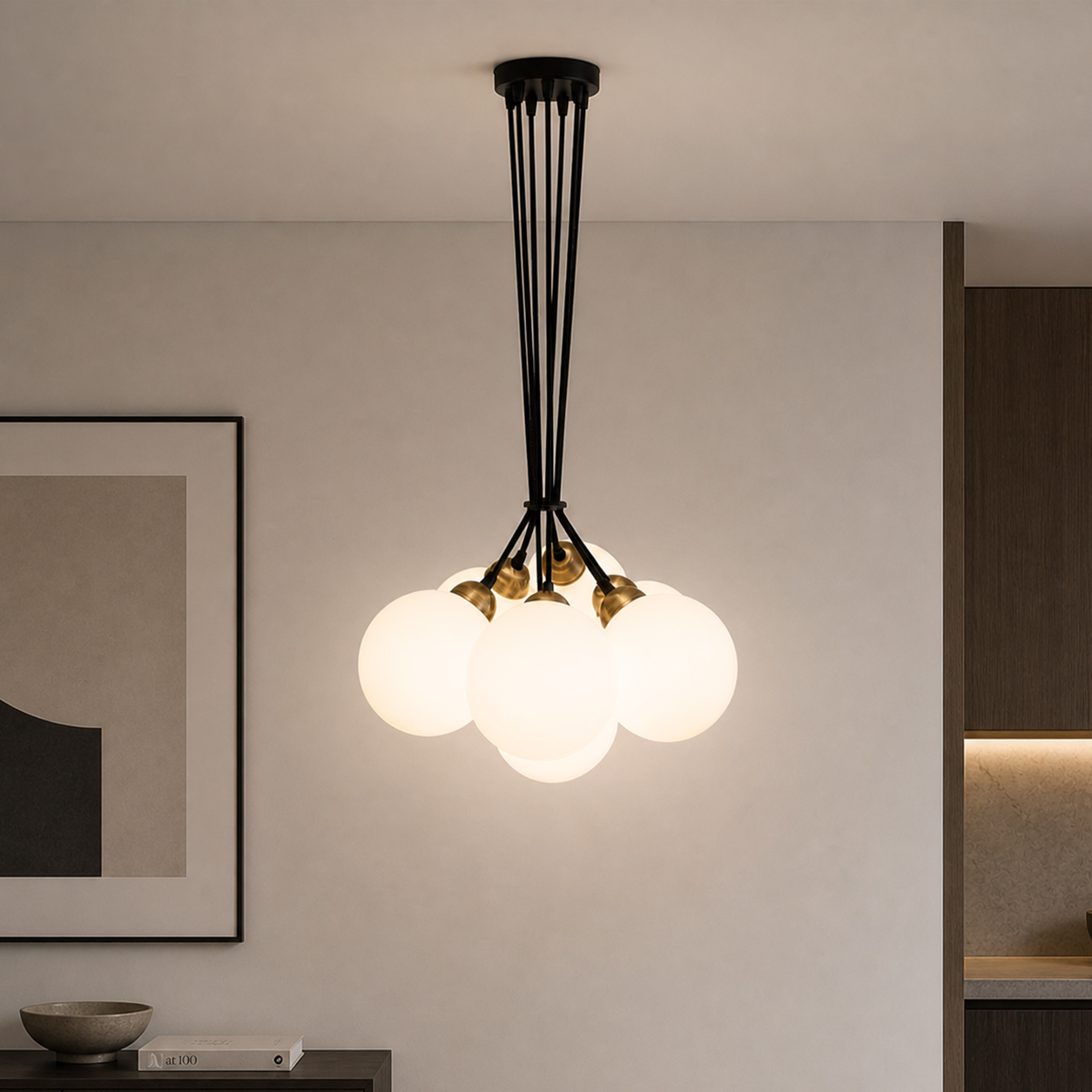 Люстра подвесная MSK Electric Luna светильник на семь плафонов шаров Е27 d-150mm PL 202612-7R BK