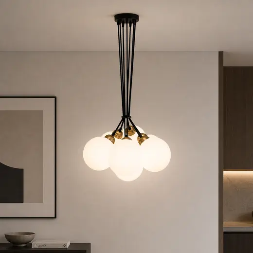 Люстра подвесная MSK Electric Luna светильник на семь плафонов шаров Е27 d-150mm PL 202612-7R BK