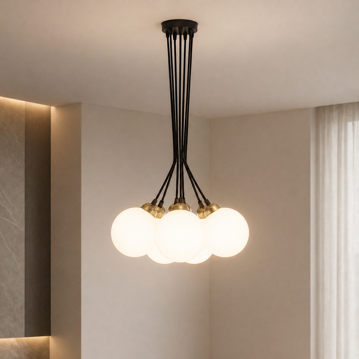 Люстра подвесная MSK Electric Luna светильник на семь плафонов шаров Е27 d-150mm PL 202612-7R BK