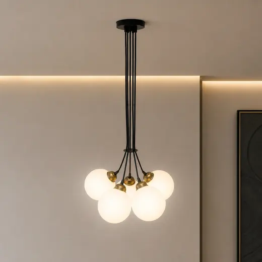 Светильник подвесной MSK Electric Luna на пять плафонов шаров под лампы Е27 черный PL 202611-5R BK