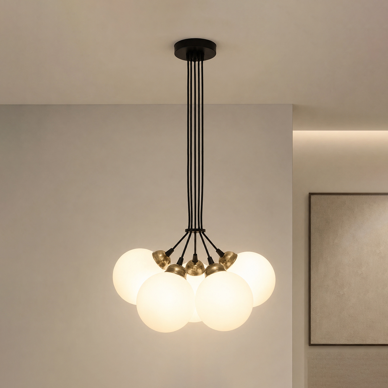 Светильник подвесной MSK Electric Luna на пять плафонов шаров d-150mm Е27 черный PL 202612-5R BK