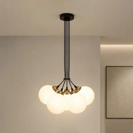 Светильник подвесной MSK Electric Luna на пять плафонов шаров d-150mm Е27 черный PL 202612-5R BK