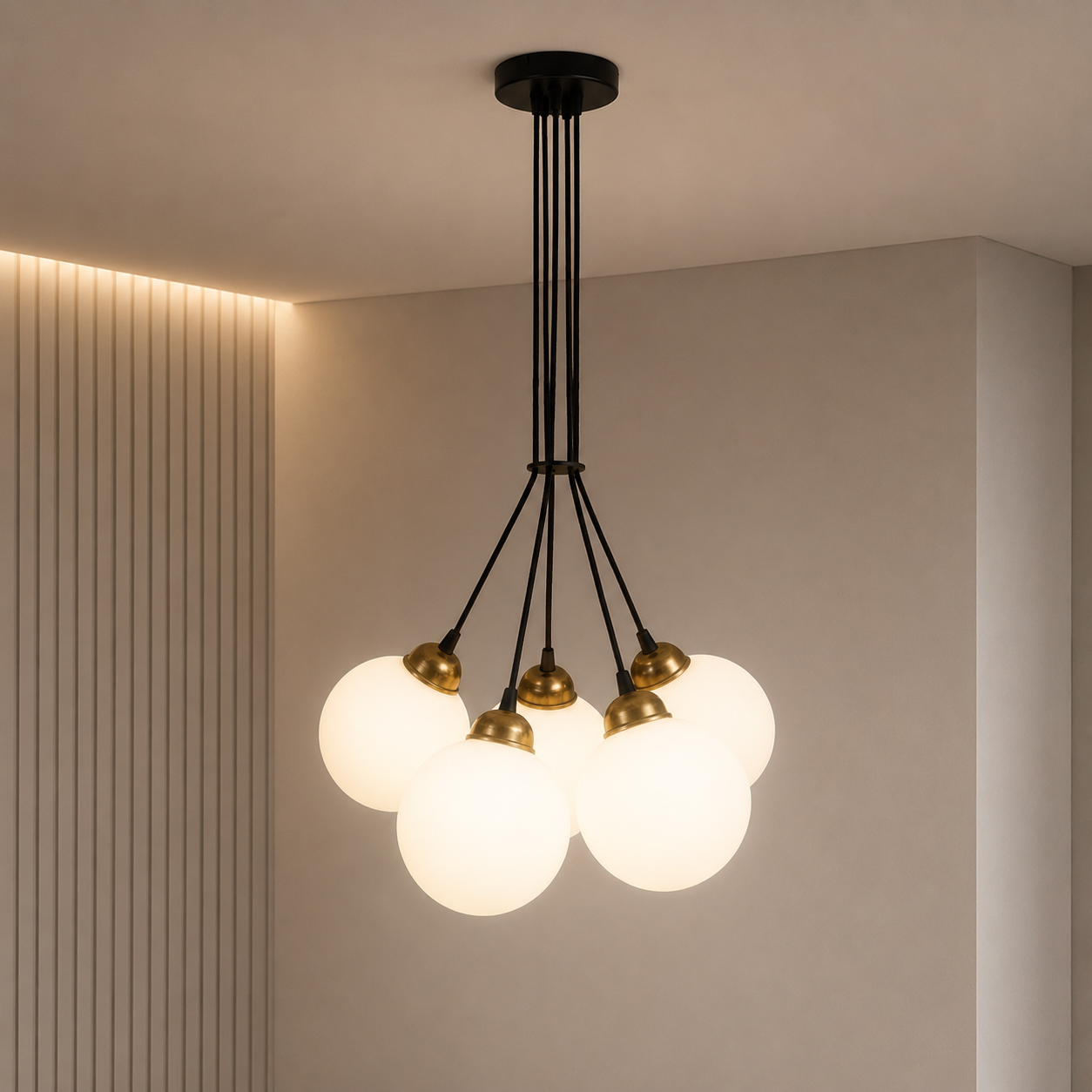 Светильник подвесной MSK Electric Luna на пять плафонов шаров d-150mm Е27 черный PL 202612-5R BK