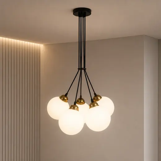 Светильник подвесной MSK Electric Luna на пять плафонов шаров d-150mm Е27 черный PL 202612-5R BK